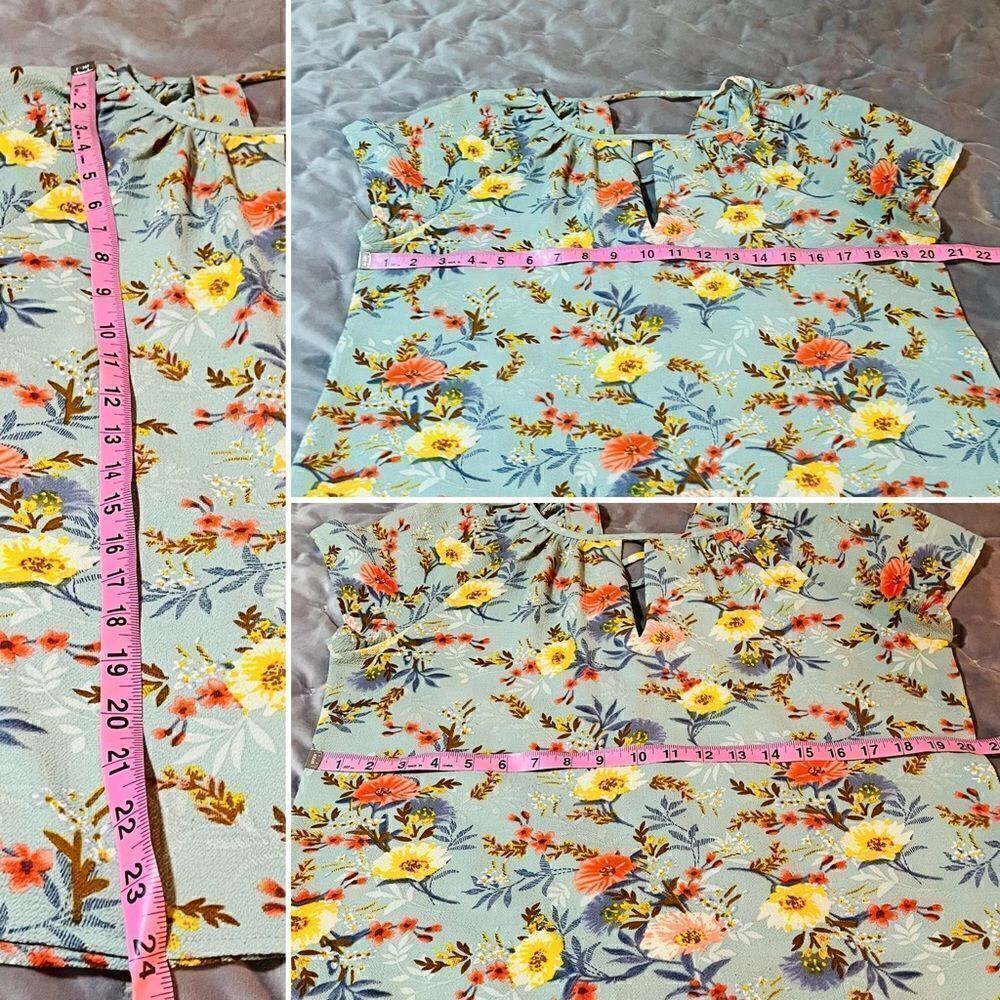 Fun2Fun Floral Flutter Sleeve Cutout Back Blouse Muted Green Multicolor M - Picture 11 of 12